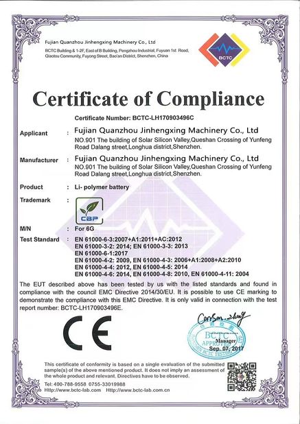 चीन Fujian Quanzhou Jinhengxing Machinery Co., Ltd प्रमाणपत्र